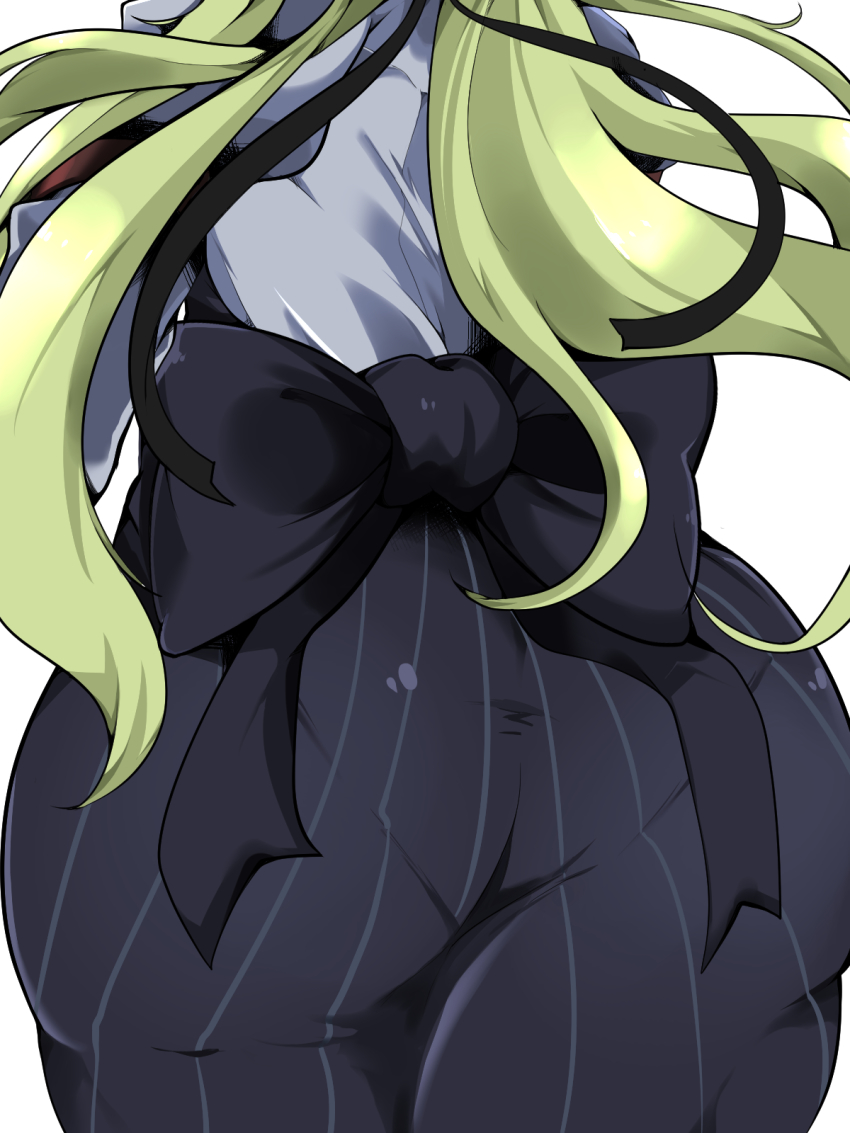 1girl, 4fkdgodydydy, ass, black_ribbon, black_skirt, blouse, curvy, emma_planck, female_focus, floating_hair, green_hair, grey_shirt, high-waist_skirt, highres, honkai_(series), honkai_impact_3rd, huge_ass, juliet_sleeves, long_hair, long_sleeves, lower_body, pantylines, plump, puffy_sleeves, ribbon, shirt, simple_background, skirt, solo, striped_clothes, striped_skirt, thick_thighs, thighs, very_long_hair, walking, white_background, wide_hips