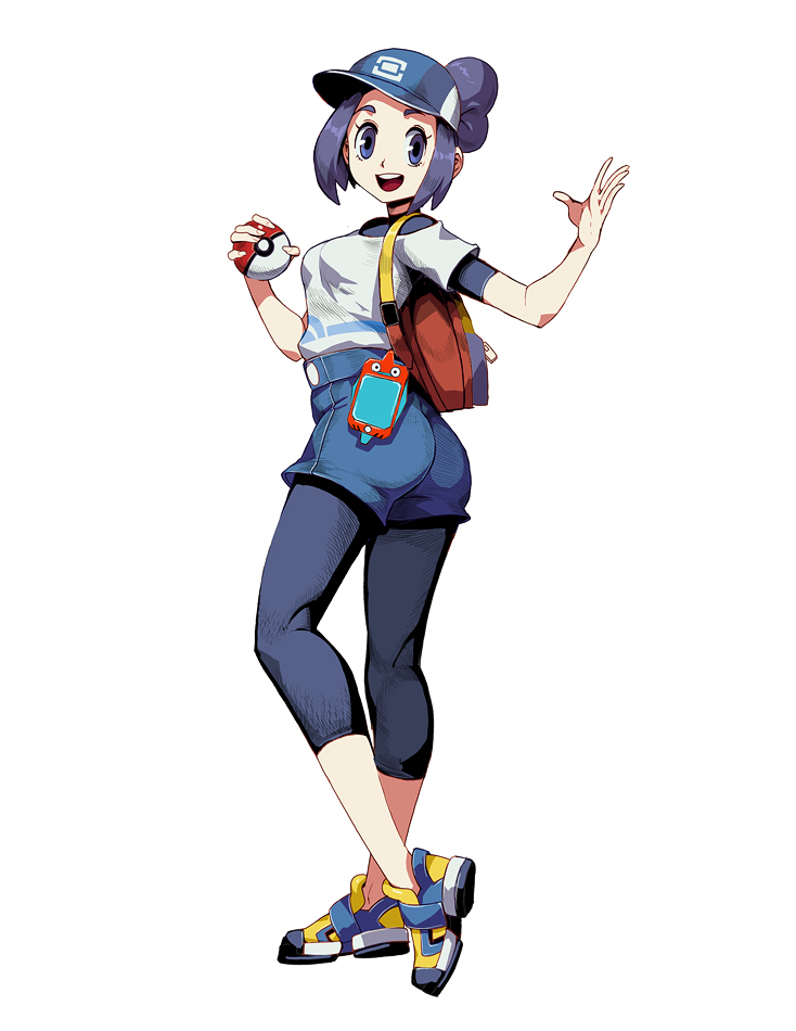 1girl, bag, bettie_(pokemon), blue_eyes, blue_hair, breasts, female_focus, flat_cap, full_body, gen_1_pokemon, gen_4_pokemon, genzoman, hat, leggings, leggings_under_shorts, looking_at_viewer, nintendo, open_mouth, pantyhose, poke_ball, poke_ball_(basic), pokemon, pokemon_(creature), pokemon_masters_ex, porygon, poryphone, shoes, short_sleeves, shorts, simple_background, smile, sneakers, white_background