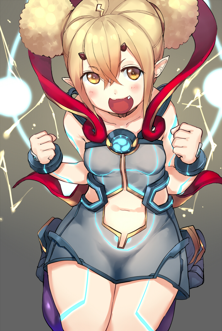 1girl, blonde_hair, blush, dress, electra_(xenoblade), electricity, female_focus, full_body, horns, long_hair, looking_at_viewer, navel, negresco, nintendo, open_mouth, pointy_ears, short_hair, simple_background, smile, solo, white_background, xenoblade_chronicles_(series), xenoblade_chronicles_2