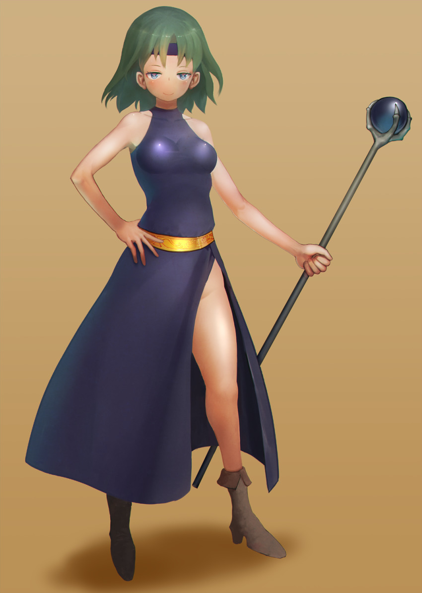 1girl, blue_eyes, boots, dress, female_focus, green_hair, hasukawa_isaburou, headband