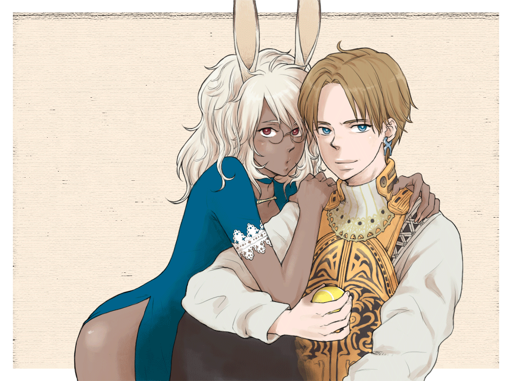 1boy, 1girl, animal_ears, armor, aurum_(heyyou), balflear, ball, blue_eyes, brown_hair, closed_mouth, commentary_request, cosplay, dark-skinned_female, dark_skin, earrings, final_fantasy, final_fantasy_xii, glasses, jewelry, long_hair, looking_at_viewer, rabbit_ears, rabbit_girl, red_eyes, simple_background, tennis_ball, viera, white_hair