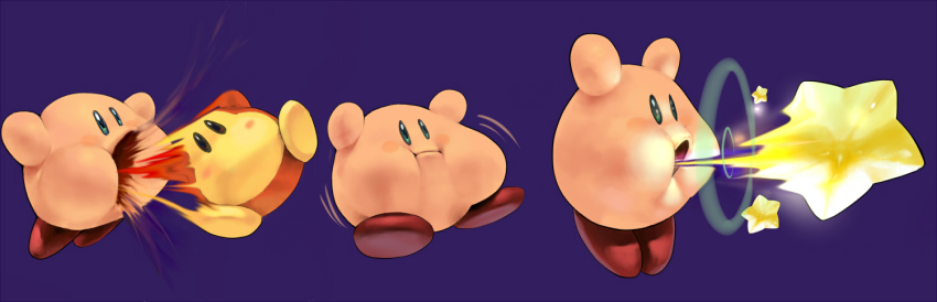 gameplay_mechanics, inhale, kirby, kirby_(series), koki_(ryoushikiha), long_image, nintendo, no_humans, saliva, star_(symbol), swallowing, vore, waddle_dee, wide_image