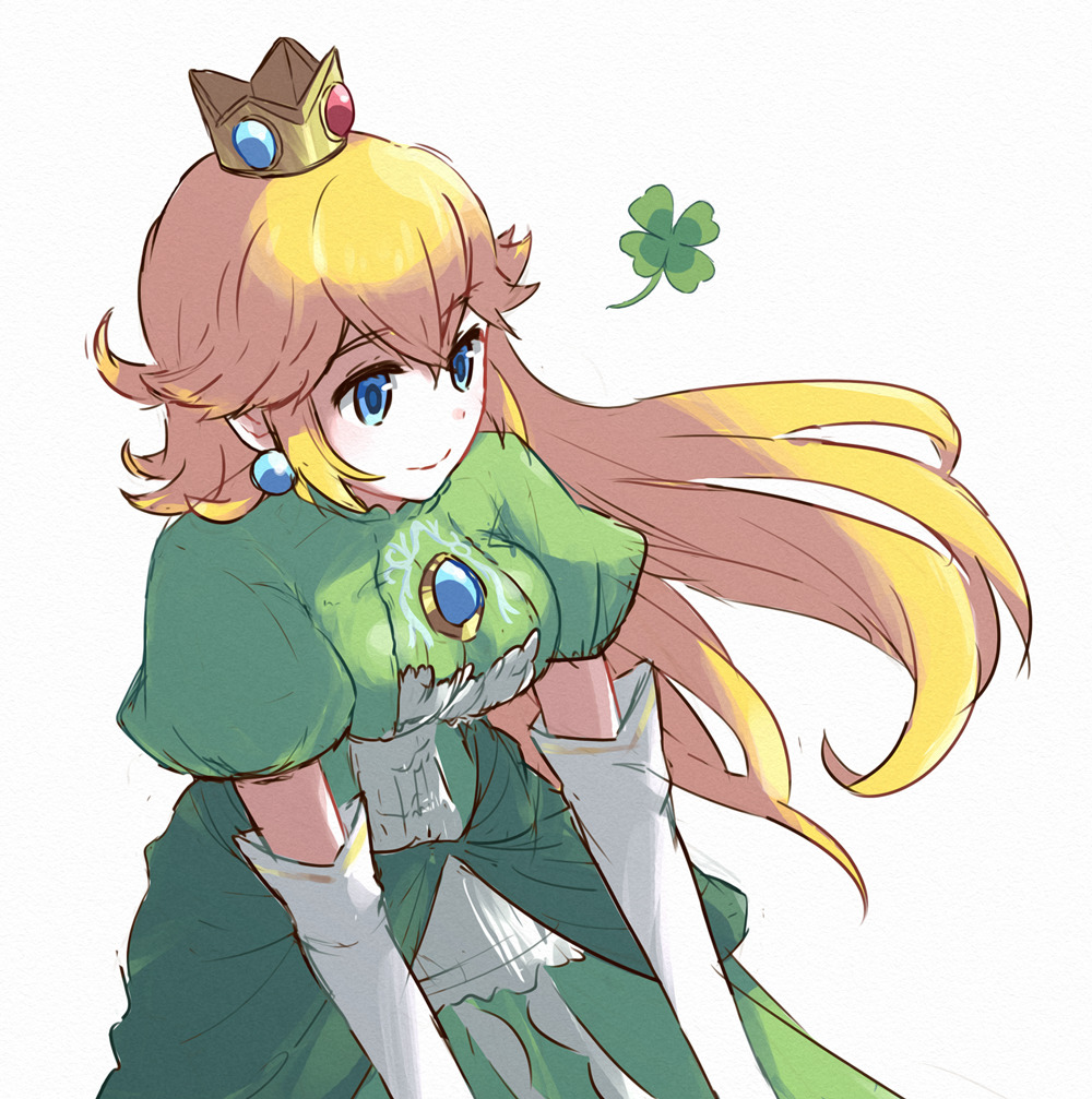 1girl, alternate_color, blonde_hair, blue_eyes, breasts, brooch, closed_mouth, clover