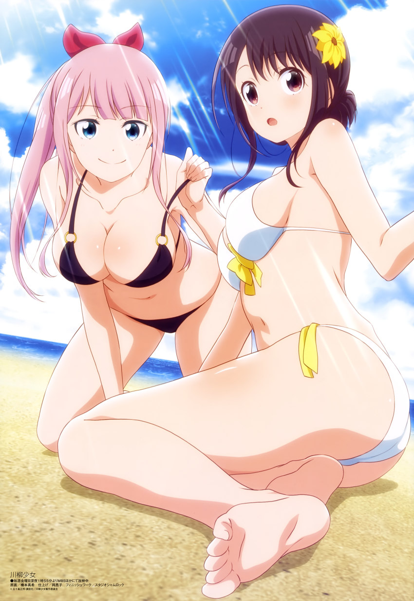 absurdres, all_fours, ass, barefoot, beach, bikini, black_bikini, blue_eyes, blue_sky, breasts, brown_eyes, brown_hair, cleavage, day, feet, hashimoto_maki, highres, large_breasts, long_hair, looking_at_viewer, megami_magazine, navel, o-ring, o-ring_bikini, ocean, official_art, ootsuki_koto, open_mouth, outdoors, pink_hair, ponytail, scan, senryuu_shoujo, shiny_skin, sky, smile, soles, strap_pull, swimsuit, toes, white_bikini, yukishiro_nanako