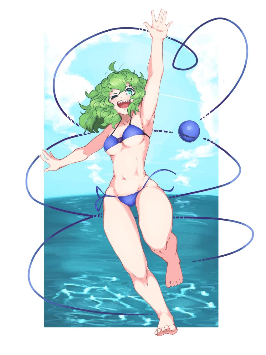 1girl, absurdres, aqua_eyes, arm_up, armpits, bare_legs, barefoot, bikini