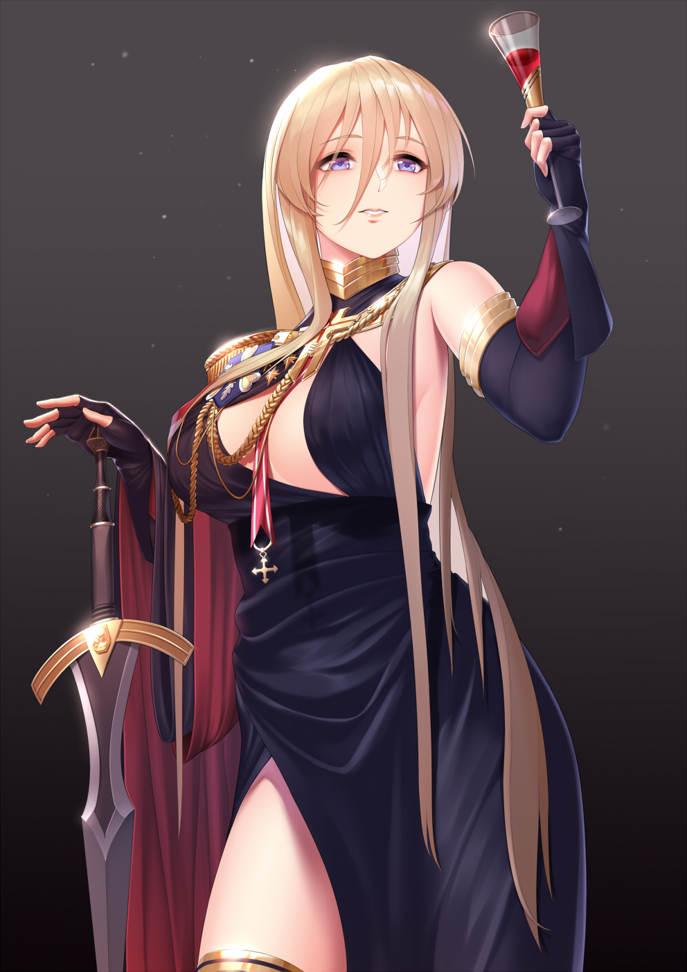 1girl, aiguillette, alcohol, alternate_costume, azur_lane, bare_shoulders, bismarck_(azur_lane), bismarck_(beacon_of_the_iron_blood)_(azur_lane)