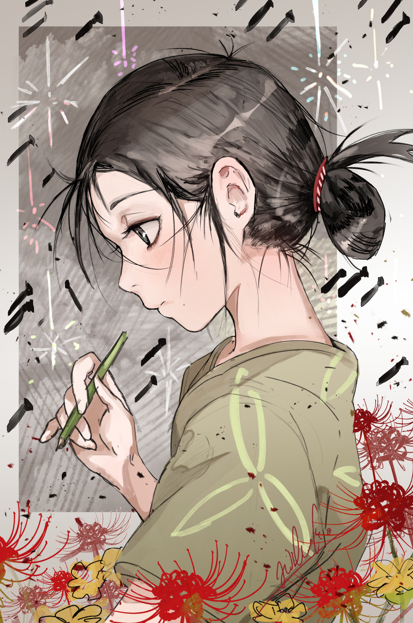 1girl, absurdres, black_hair, brown_kimono, commentary_request, female_focus, flower, grey_eyes