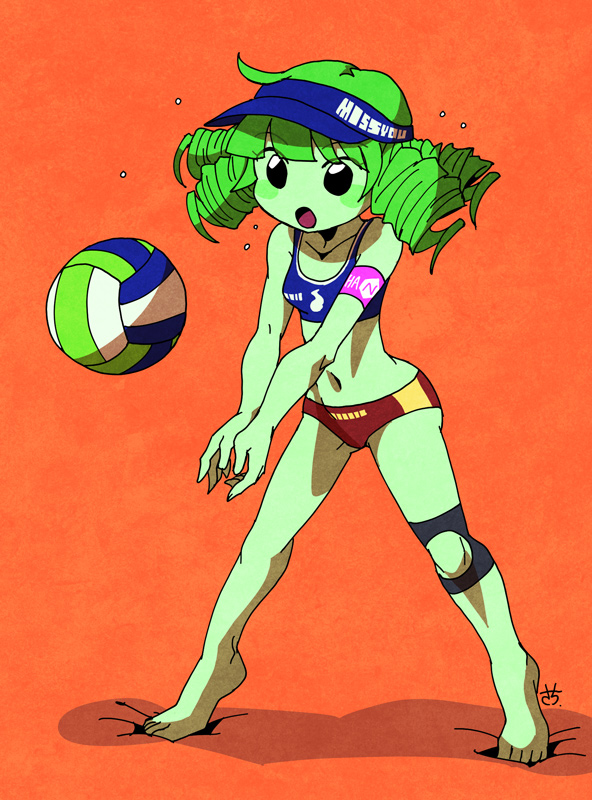 1girl, ball, barefoot, buruma, colored_skin, drill_hair, feet, female_focus