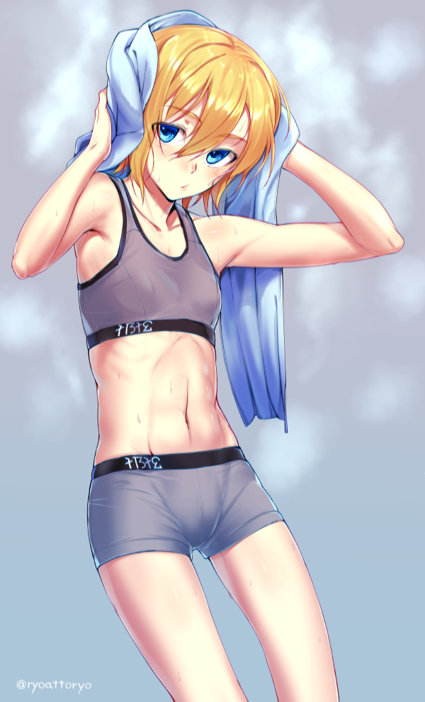 1girl, blonde_hair, boyshort_panties, breasts, drying, drying_hair, drying_own_hair, female_focus