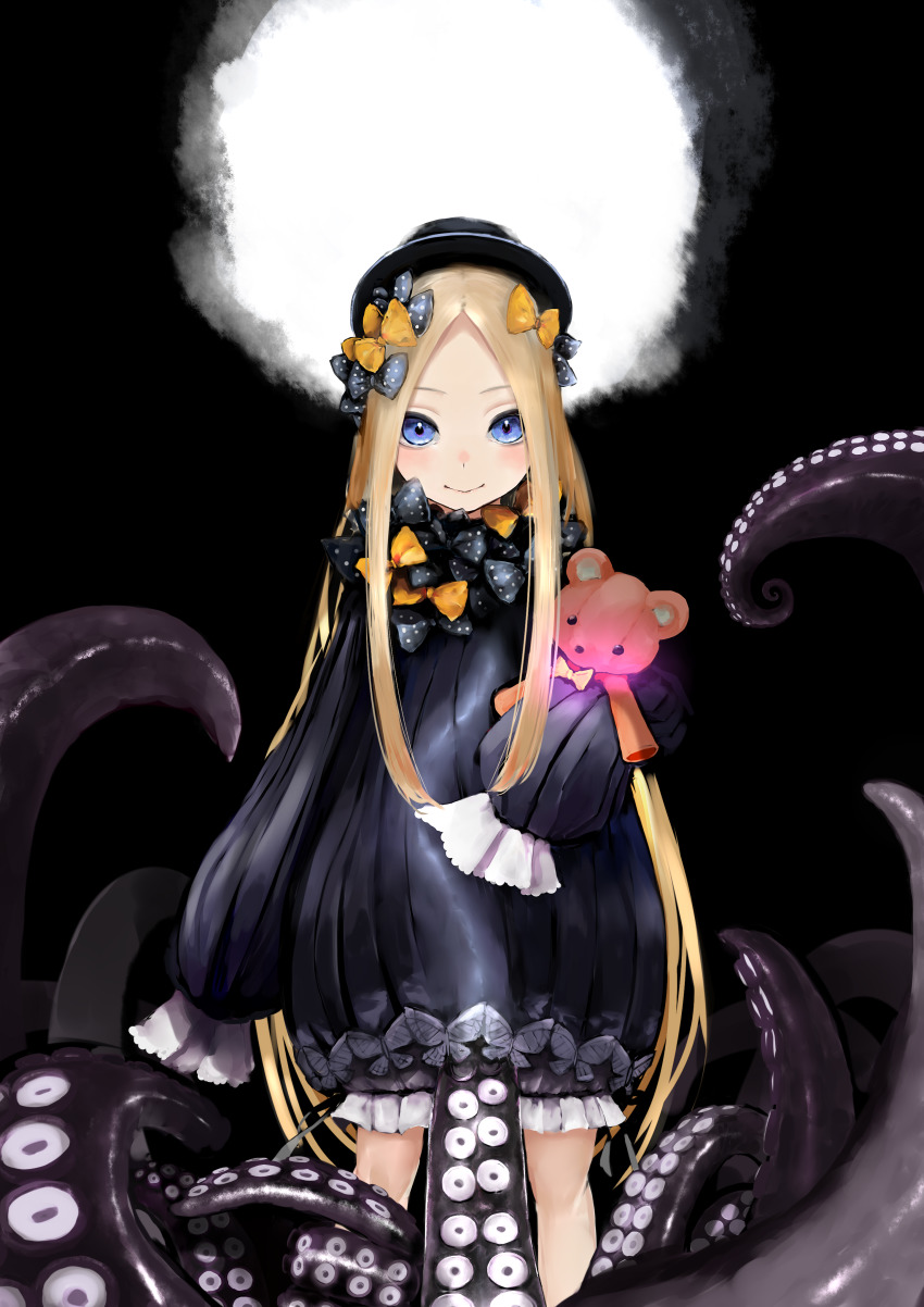 1girl, abigail_williams_(fate), abigail_williams_(first_ascension)_(fate), absurdres, black_bow, black_dress, black_hat, blonde_hair, blue_eyes, blush, bow, commentary_request, dark_background, dress, fate/grand_order, fate_(series), female_focus, hair_bow, hat, highres, hugging_object, ibrahimovic190, long_hair, long_sleeves, looking_at_viewer, multiple_hair_bows, orange_bow, parted_bangs, polka_dot, polka_dot_bow, sleeves_past_fingers, sleeves_past_wrists, smile, solo, stuffed_animal, stuffed_toy, teddy_bear, tentacles, very_long_hair