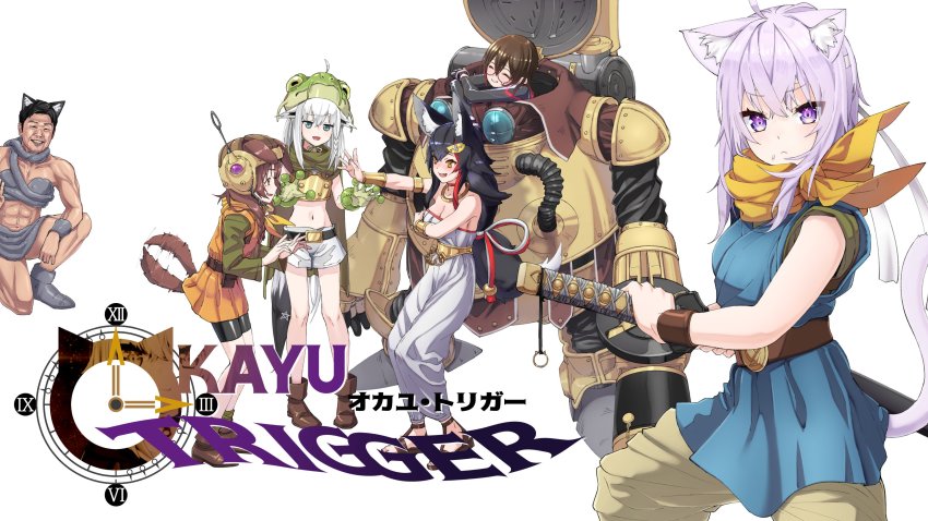 1boy, 5girls, absurdres, animal_ears, ayla_(chrono_trigger), ayla_(chrono_trigger)_(cosplay), black_hair, braid