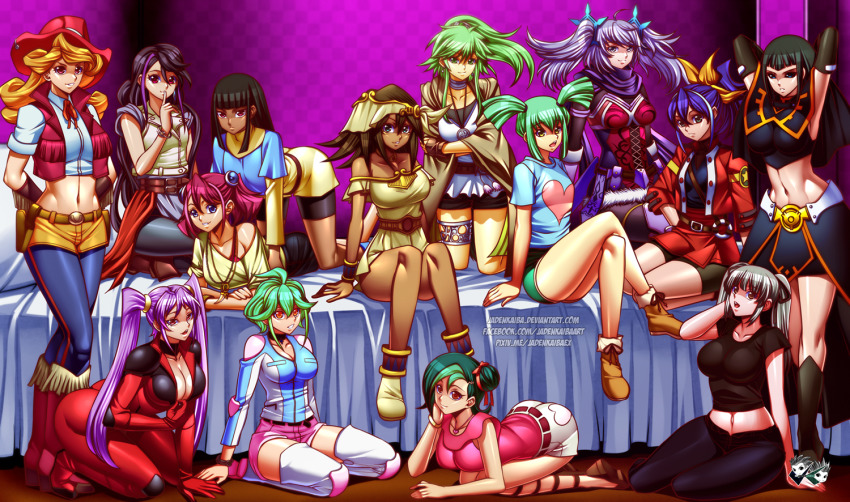6+girls, ahoge, ancient_egyptian, bare_shoulders, bedroom, belt, bike_shorts, black_hair, black_legwear, black_sclera, blazer, blue_eyes, blue_hair, bodysuit, boots, bow, bracelet, breasts, brown_eyes, brown_hair, carly_nagisa, character_request, choker, cleavage, collar, colored_sclera, commission, cowboy_hat, curvy, dance_princess_of_the_ice_barrier, dark-skinned_female, dark_skin, deviantart_username, dress, duel_monster, earrings, elbow_gloves, facebook_username, female_focus, fingerless_gloves, flipped_hair, fujiwara_yukino, gloves, goggles, goggles_on_head, green_eyes, green_hair, hair_bow, hair_bun, hair_ornament, hair_ribbon, hair_tubes, harem, hat, hiiragi_yuzu, jacket, jadenkaiba, jewelry, kotsu_masumi, kurosaki_ruri, large_breasts, legs, long_hair, long_skirt, looking_at_viewer, luca_(yu-gi-oh!), luna_(yu-gi-oh!_zexal), mana_(yu-gi-oh!), medium_breasts, melissa_claire, midriff, miniskirt, mizuki_kotori_(yu-gi-oh!), multicolored_hair, multiple_girls, navel, necklace, necktie, open_mouth, pink_eyes, pink_hair, pixiv_username, ponytail, purple_eyes, purple_hair, purple_scarf, red_eyes, rein_megumi, ribbon, rin_(yu-gi-oh!), scarf, serena_(yu-gi-oh!), shiny_skin, short_hair, short_twintails, shorts, single_hair_bun, skin_tight, skirt, sleeveless, small_breasts, smile, thighhighs, twintails, two-tone_hair, very_long_hair, vest, watermark, web_address, winda_(yu-gi-oh!), winda_priestess_of_gusto, yellow_eyes, yu-gi-oh!, yu-gi-oh!_5d's, yu-gi-oh!_arc-v, yu-gi-oh!_duel_monsters, yu-gi-oh!_gx, yu-gi-oh!_tag_force, yu-gi-oh!_vrains, yu-gi-oh!_zexal, yuu-gi-ou, yuu-gi-ou_vrains, yuu-gi-ou_zexal