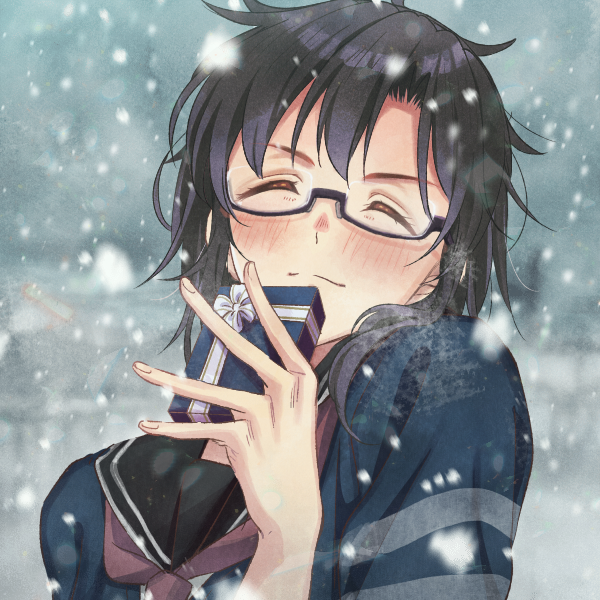 1girl, bad_id, bad_pixiv_id, black_hair, blush, closed_eyes, day, facing_viewer, female_focus, genderswap, genderswap_(mtf), gift, grey_sky, imayoshi_shouichi, karin(q1), kuroko_no_basuke, medium_hair, outdoors, picrew, school_uniform, sky, snowing, solo, upper_body