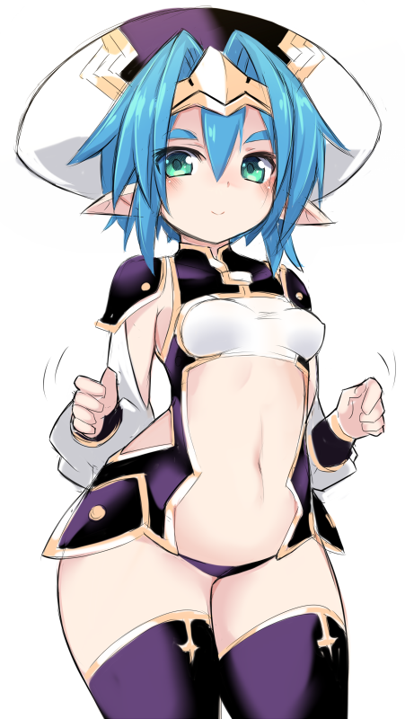 1girl, armor, blue_hair, blush, breasts, closed_mouth, female_focus, green_eyes, hair_between_eyes, hair_intakes, hat, headpiece, hellmatio, karukan_(monjya), long_sleeves, navel, panties, pointy_ears, puffy_long_sleeves, puffy_sleeves, purple_hat, purple_panties, purple_thighhighs, shinrabanshou, short_hair, shoulder_armor, simple_background, small_breasts, smile, solo, thick_eyebrows, thighhighs, underwear, white_background
