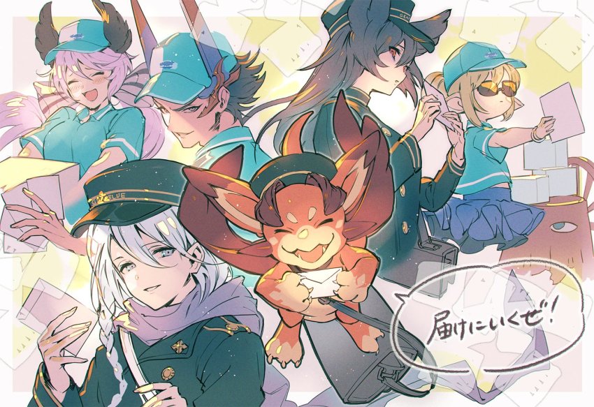 3boys, 3girls, alternate_costume, black_hair, blush_stickers, braid, brown_hair, erune