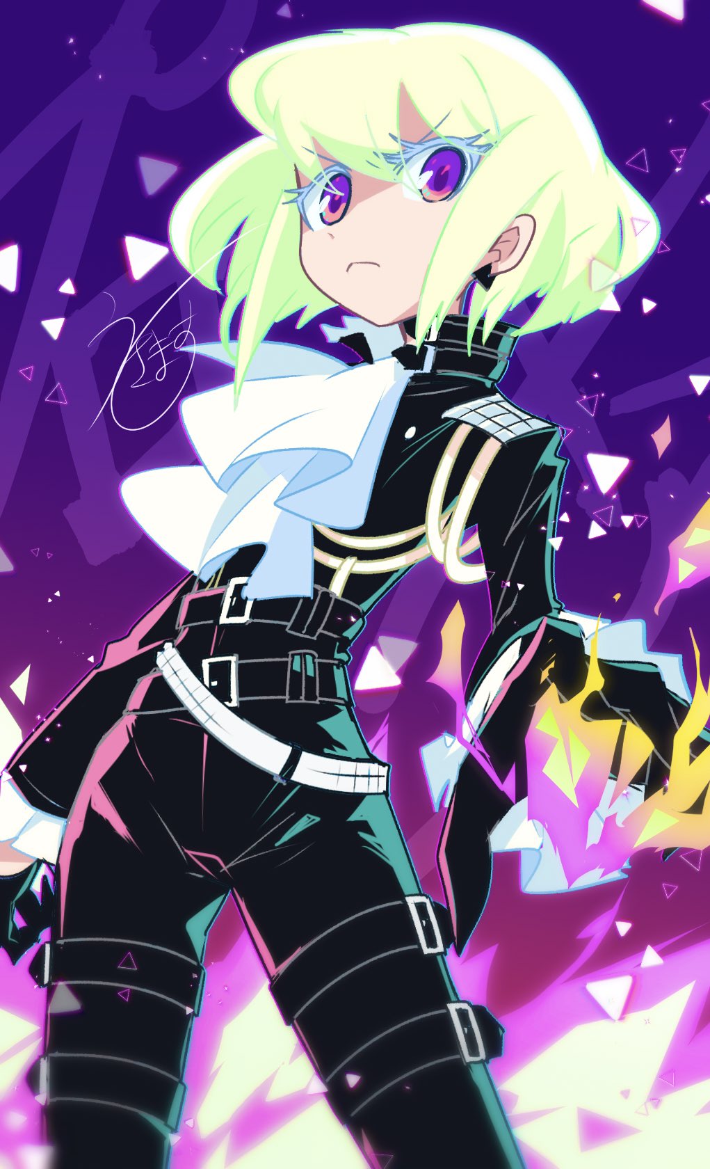 1boy, ascot, black_gloves, black_jacket, blonde_hair, fire, gloves, highres