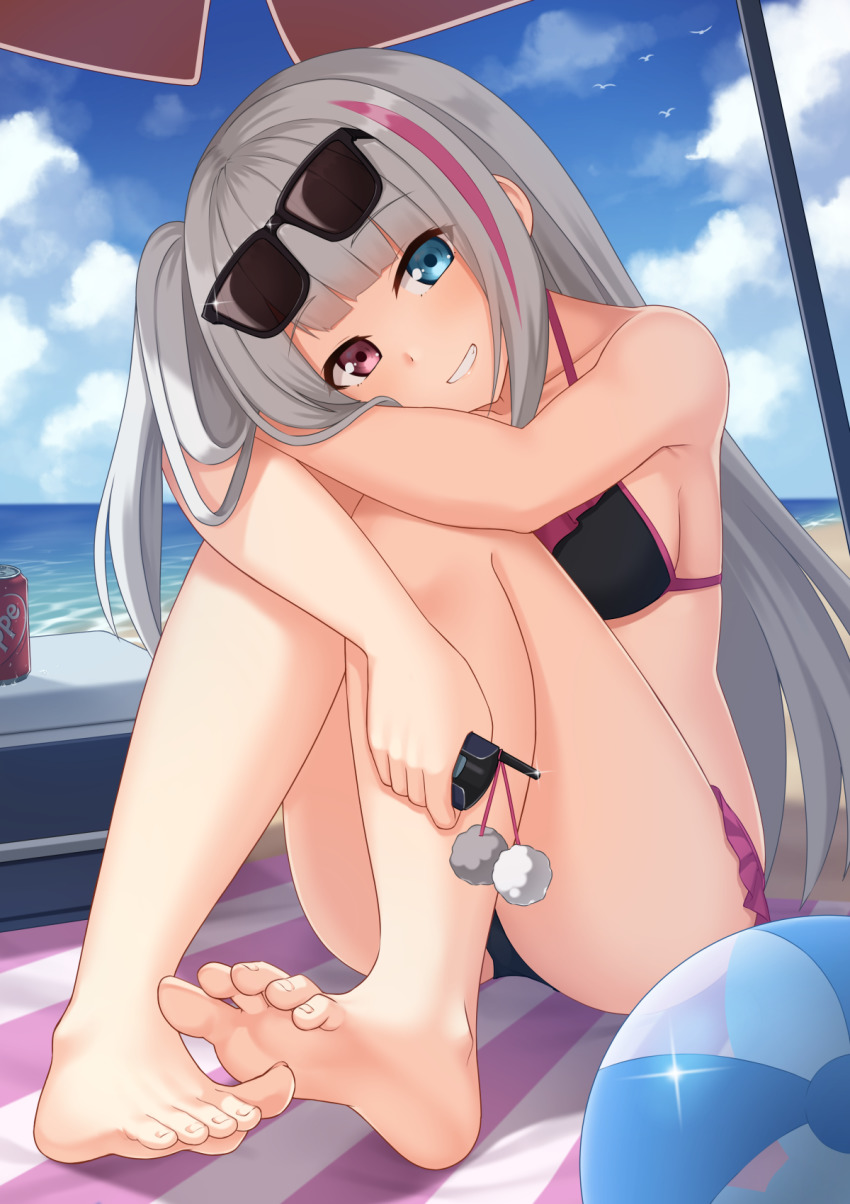 1girl, arms_on_knees, barefoot, beach, bikini, bird, black_bikini, blue_eyes