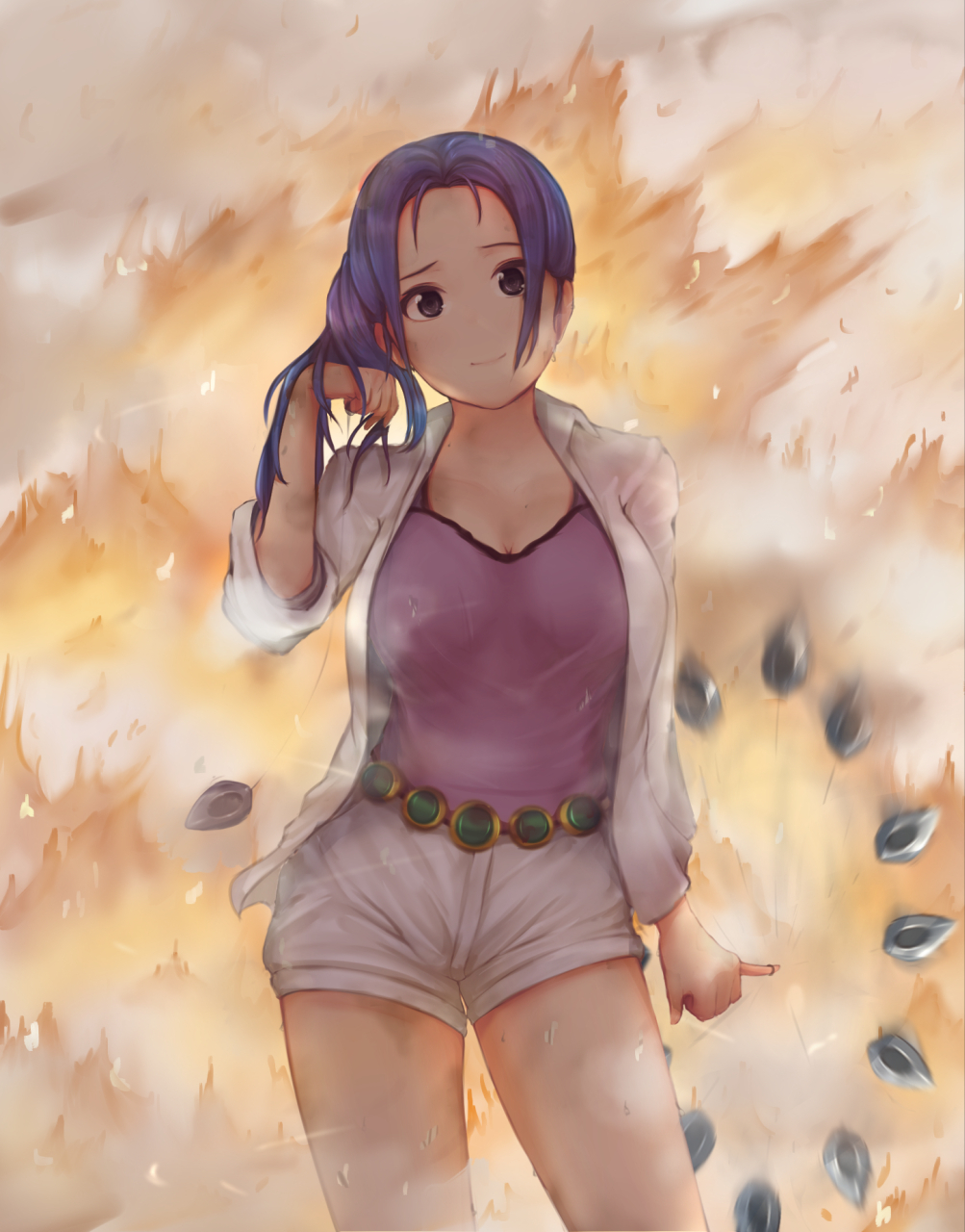 1girl, black_eyes, blue_hair, breasts, camisole, commentary_request, contrapposto, cowboy_shot, female_focus, fire, hand_in_own_hair, highres, large_breasts, long_hair, nefertari_vivi, one_piece, open_clothes, open_shirt, pinky_out, ponytail, shirt, short_shorts, shorts, smile, smoke, solo, tatawan, white_shirt, white_shorts