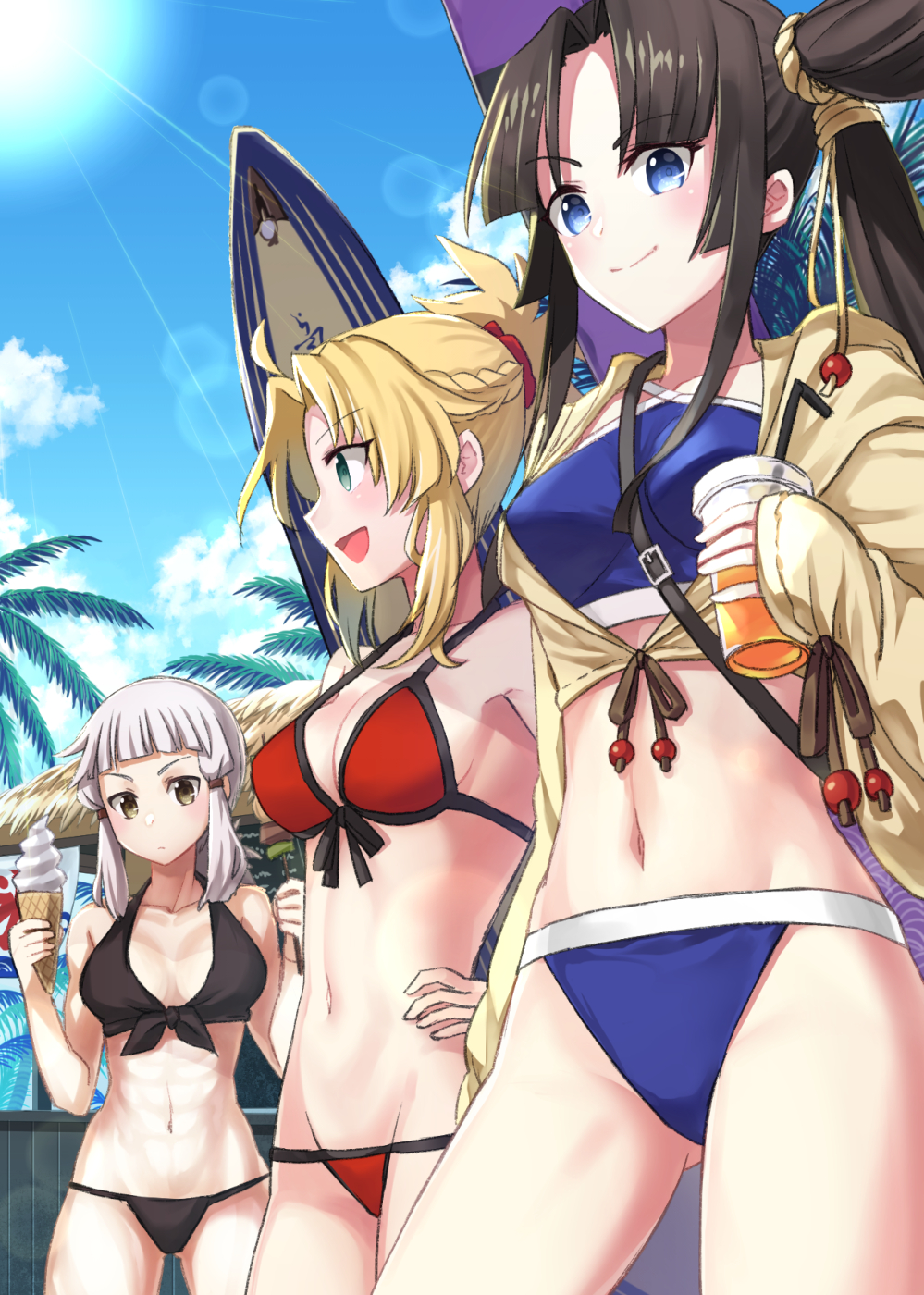 3girls, :d, abs, ahoge, bag, bikini, black_bikini, black_hair
