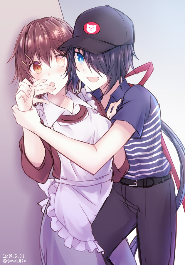 2girls, against_wall, ahoge, alternate_costume, apron, baseball_cap, black_hair, black_headwear