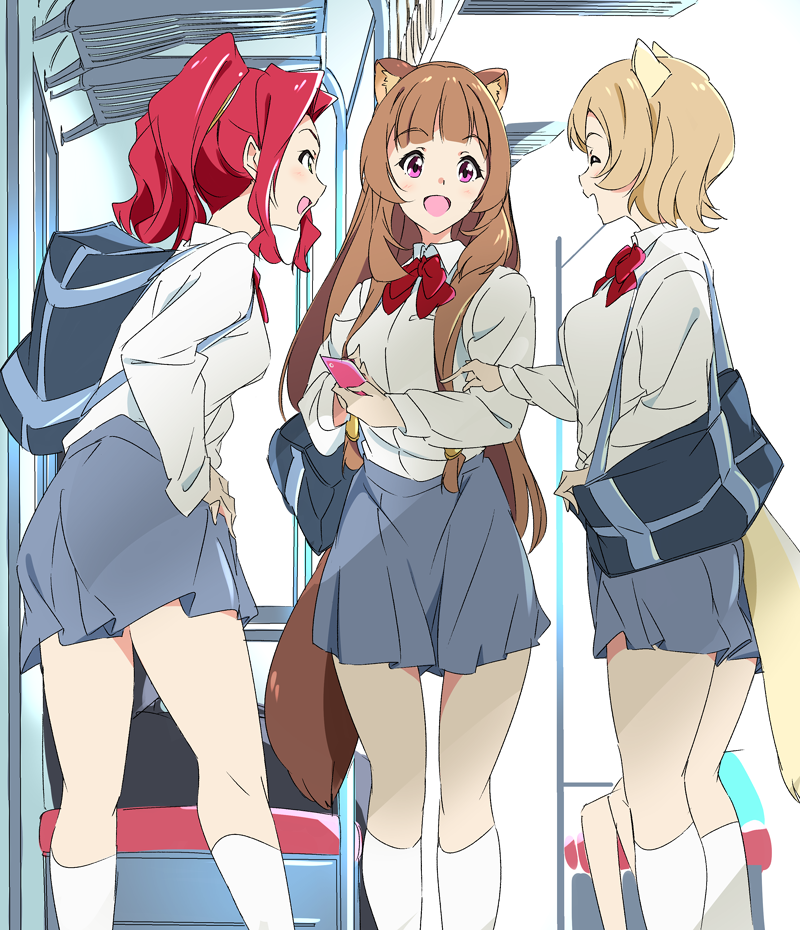 3girls, :d, ^_^, animal_ear_fluff, animal_ears, bag, blonde_hair, bow