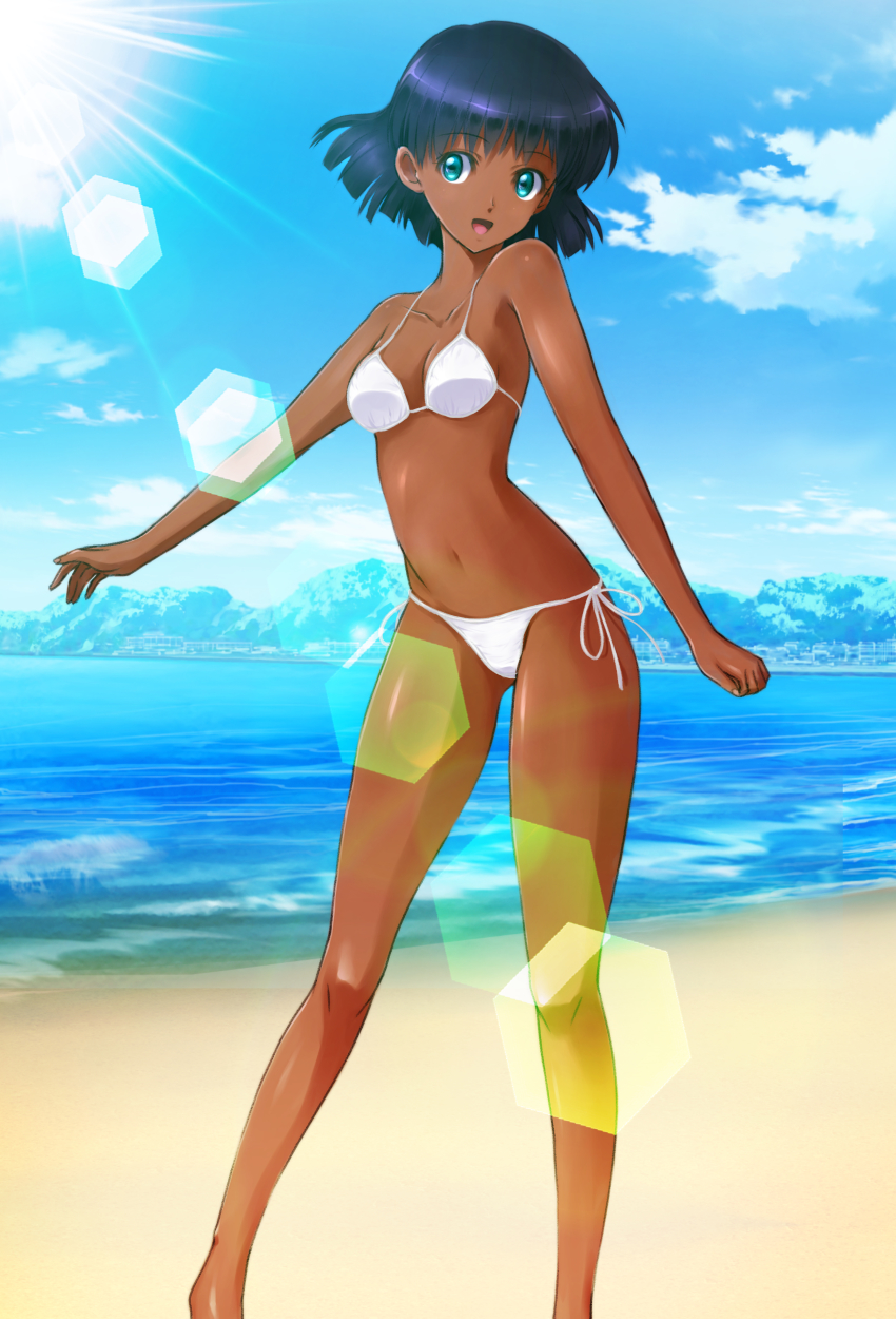1girl, absurdres, beach, bikini, black_hair, blue_eyes, blue_sky, bob_cut, breasts, cloud, collarbone, contrapposto, dark-skinned_female, dark_skin, day, feet_out_of_frame, female_focus, fushigi_no_umi_no_nadia, highres, light_rays, looking_at_viewer, memory_(prophet5), nadia_la_arwall, navel, ocean, outdoors, side-tie_bikini_bottom, sky, small_breasts, solo, standing, sunbeam, sunlight, swimsuit, water