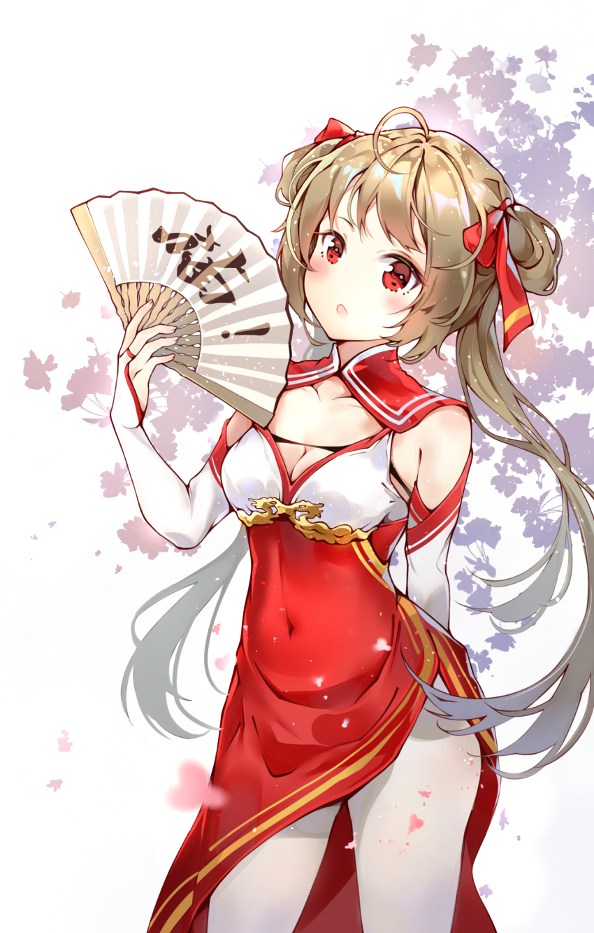 1girl, ahoge, bare_shoulders, blush, breasts, brown_hair, china_dress, chinese_clothes
