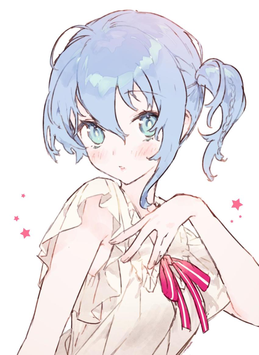 1girl, ahoge, atelier_(series), blue_eyes, blue_hair, blush, casual, close-up