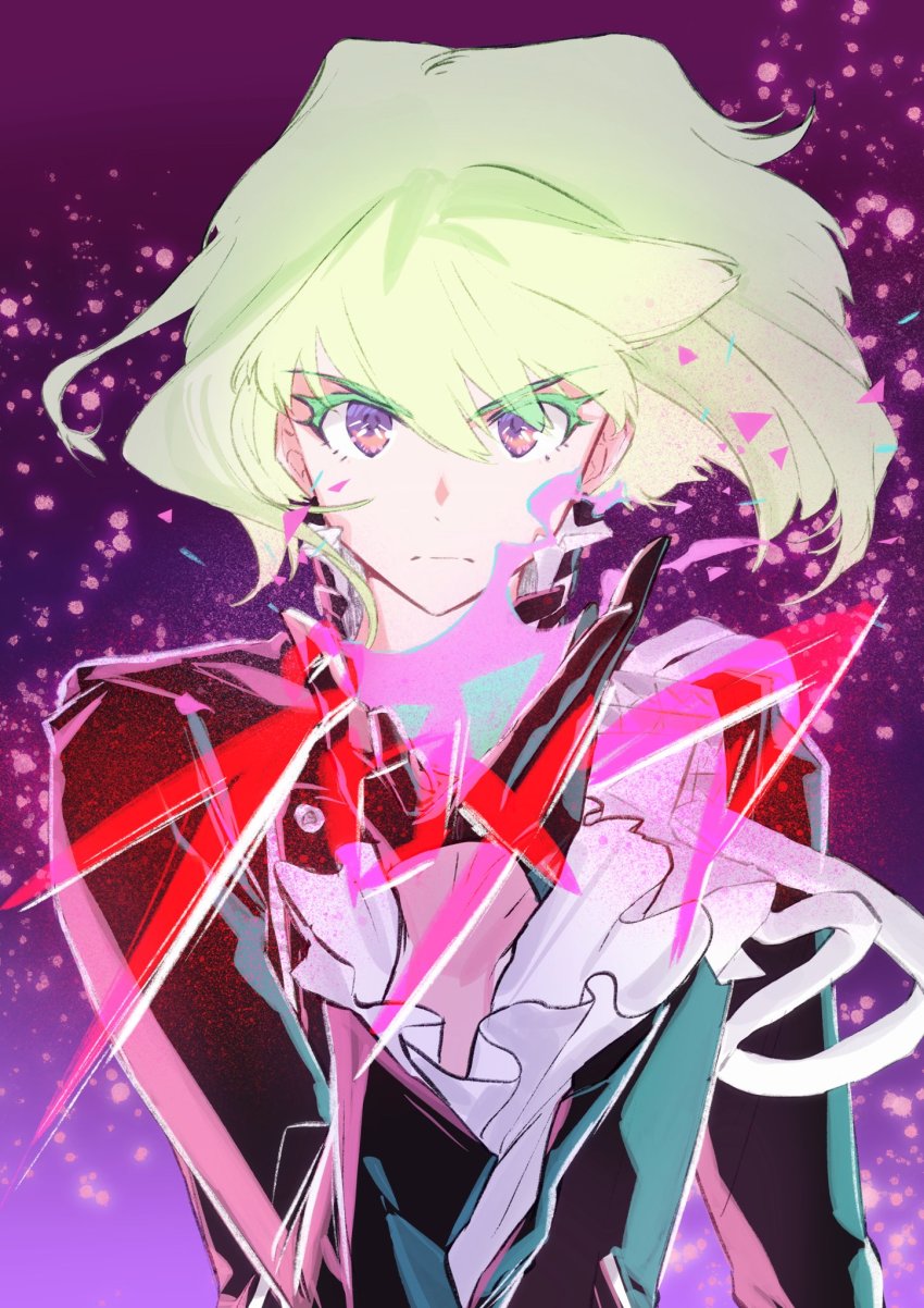 1boy, ascot, bishounen, black_gloves, black_jacket, blonde_hair, copyright_name, fire, gihuta_hiroshi, gloves, highres, jacket, lio_fotia, male_focus, promare, purple_eyes, pyrokinesis, solo