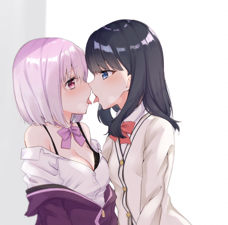 2girls, after_kiss, asymmetrical_docking, black_hair, blue_eyes, blush, bow, bowtie