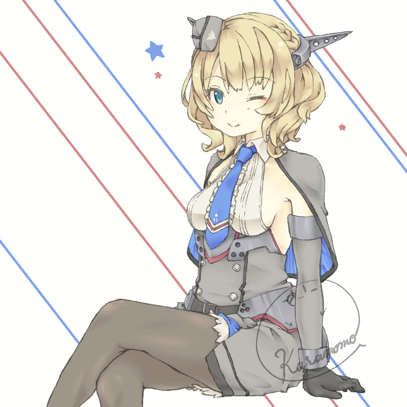 1girl, black_gloves, black_pantyhose, blonde_hair, blue_eyes, blue_necktie, braid, breasts