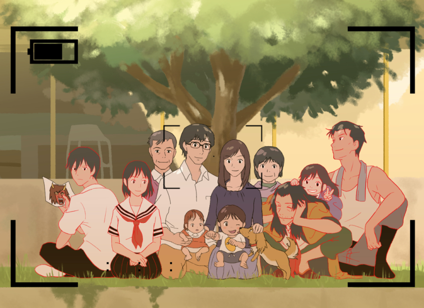 3girls, 5boys, aged_down, aged_up, alternate_form, baby, bad_id, bad_pixiv_id, barefoot, black-framed_eyewear, black_hair, black_skirt, brown_hair, closed_eyes, creature_and_personification, crossed_legs, dog, family, father_and_child, father_and_daughter, father_and_son, grass, great_grandfather_(mirai), licking, long_sleeves, medium_hair, mirai_(mirai_no_mirai), mirai_no_mirai, mother_and_child, mother_and_daughter, mother_and_son, multiple_boys, multiple_girls, okaasan_(mirai_no_mirai), oota_kun, otousan_(mirai_no_mirai), parent_and_child, personification, school_uniform, shirt, short_hair, sitting, skirt, squatting, time_paradox, tree, v, white_shirt, yuki_(mirai_no_mirai)