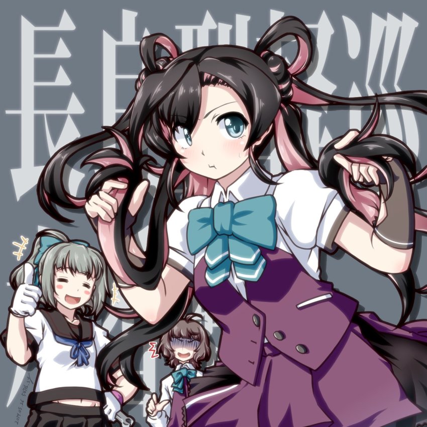 3girls, 547th_sy, =_=, abukuma_(kancolle), abukuma_(kancolle)_(cosplay), ahoge, alternate_hair_color, black_hair