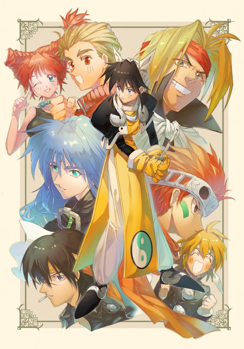 1girl, 6+boys, black_hair, blonde_hair, blue_eyes, blue_hair, braid, bukichi