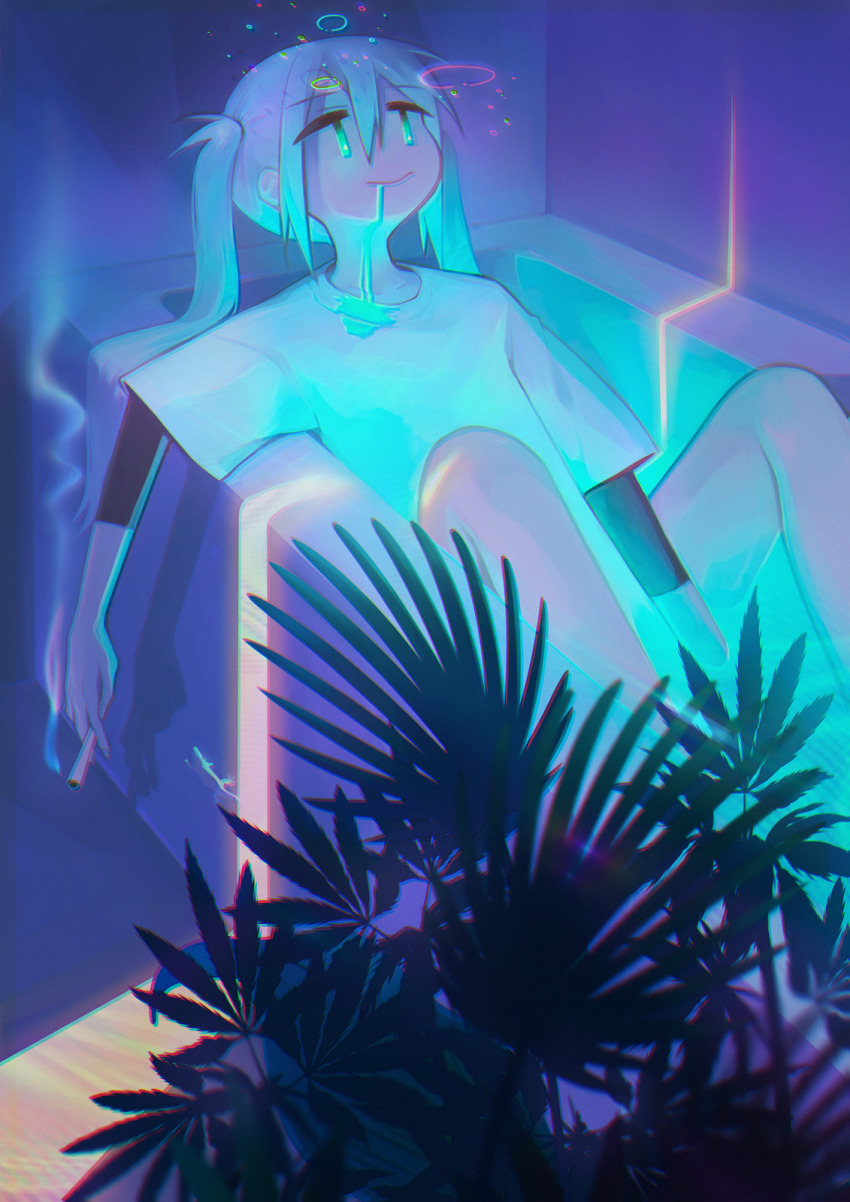 1girl, bathtub, blouse, chromatic_aberration, commentary, drooling, drugs, female_focus, glowing, highres, inoue_warabi, joint_(drug), marijuana, original, plant, shirt, sitting, smoke, smoking, solo, twintails, white_shirt