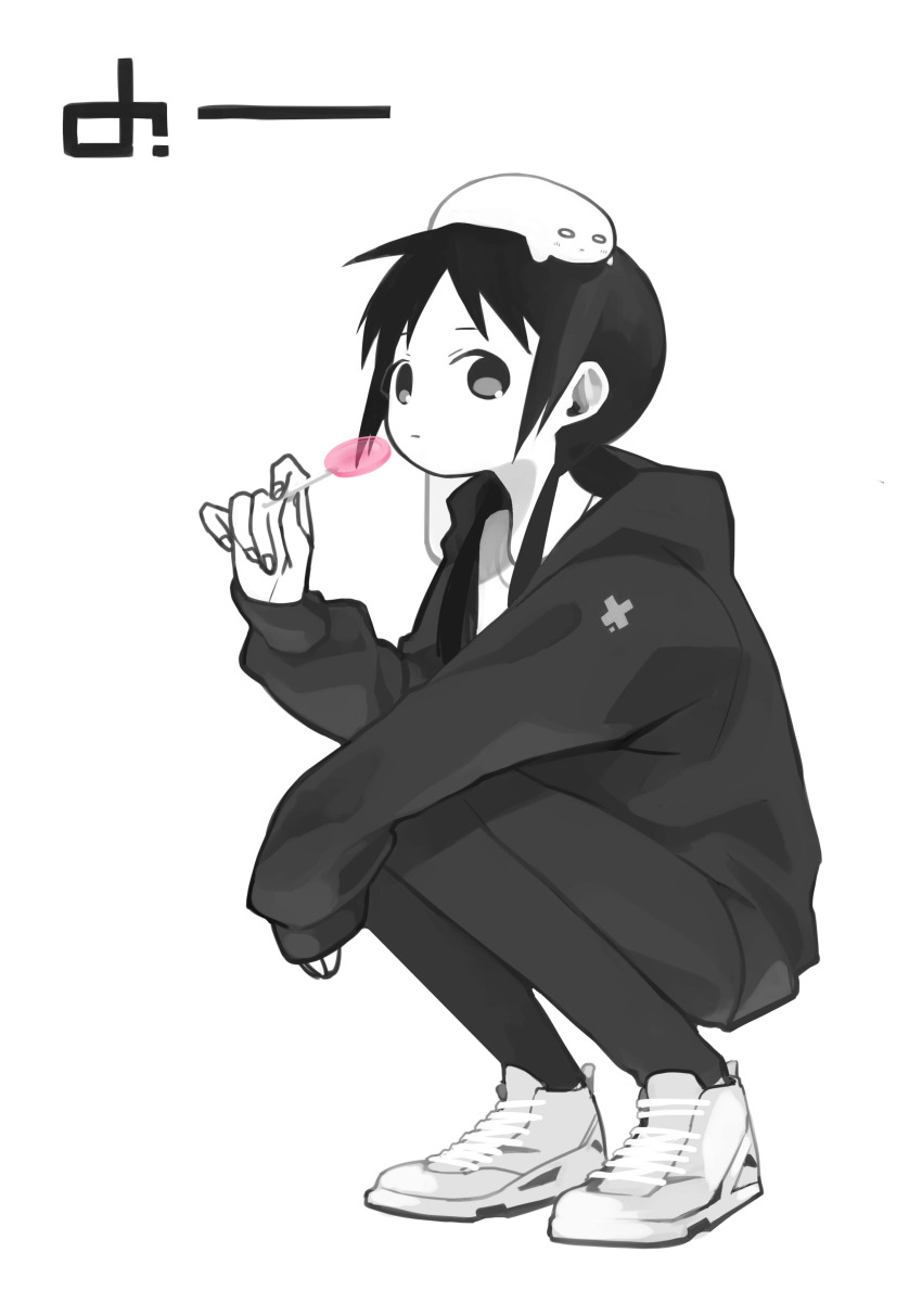 1girl, absurdres, animal, animal_on_head, candy, chito_(shoujo_shuumatsu_ryokou), contemporary, food