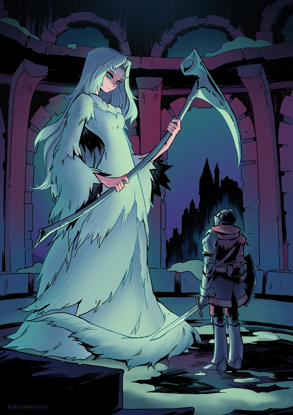 1girl, 1other, ambiguous_gender, aqua_eyes, armor, artist_name, belt_pouch, blazemalefica, breasts, brown_scarf, chosen_undead, closed_mouth, commentary, dark_souls_(series), dark_souls_i, dragon_girl, dress, english_commentary, expressionless, eye_contact, full_armor, full_body, fur, giant, giantess, helmet, highres, holding, holding_scythe, holding_sword, holding_weapon, horns, knight, long_hair, long_sleeves, looking_at_another, looking_down, looking_up, monster_girl, night, pouch, priscilla_the_crossbreed, scales, scarf, scythe, shield, size_difference, small_breasts, solo_focus, standing, sword, tail, very_long_hair, weapon, white_dress, white_fur, white_hair