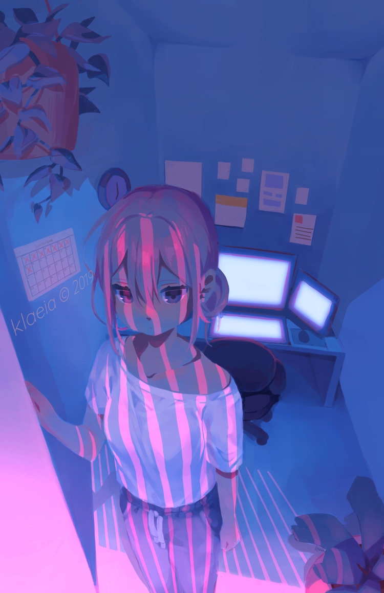 1girl, artist_name, black_eyes, chair, clock, collarbone, computer, cowboy_shot