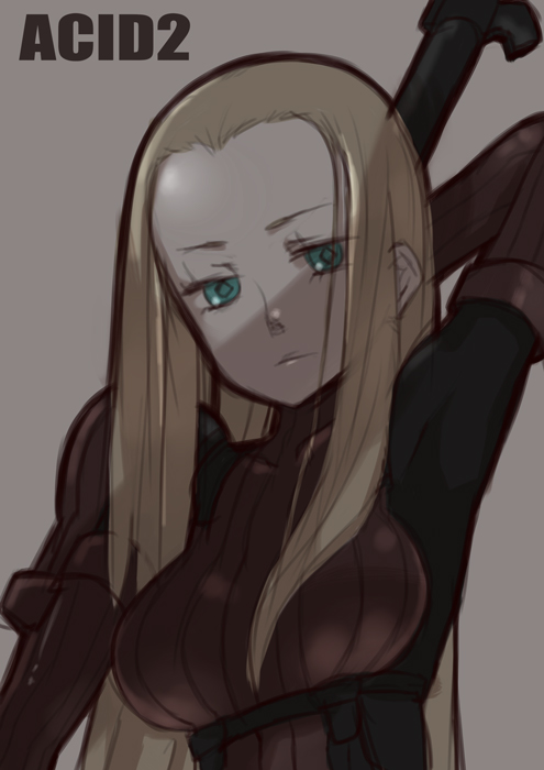 1girl, blonde_hair, bodysuit, breasts, closed_mouth, commentary_request, female_focus, gloves, gun, long_hair, looking_at_viewer, metal_gear_(series), metal_gear_acid, metal_gear_acid_2, simple_background, solo, tank_(artist), venus_(mga), weapon