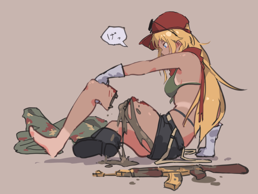1girl, aamond, ak-47, ak-47_(girls'_frontline), ak-47_(lord_of_war)_(girls'_frontline), android, assault_rifle, barefoot, bikini, bikini_tan, bikini_top_only, blood, blood_on_leg, blush, blush_stickers, boots, dark-skinned_female, dark_skin, female_focus, from_side, girls'_frontline, gloves, green_bikini, grey_background, gun, hat, highres, kalashnikov_rifle, long_hair, mechabare, neckerchief, official_alternate_costume, red_hat, red_neckerchief, rifle, shorts, simple_background, sitting, solo, swimsuit, tan, tanline, weapon, white_gloves