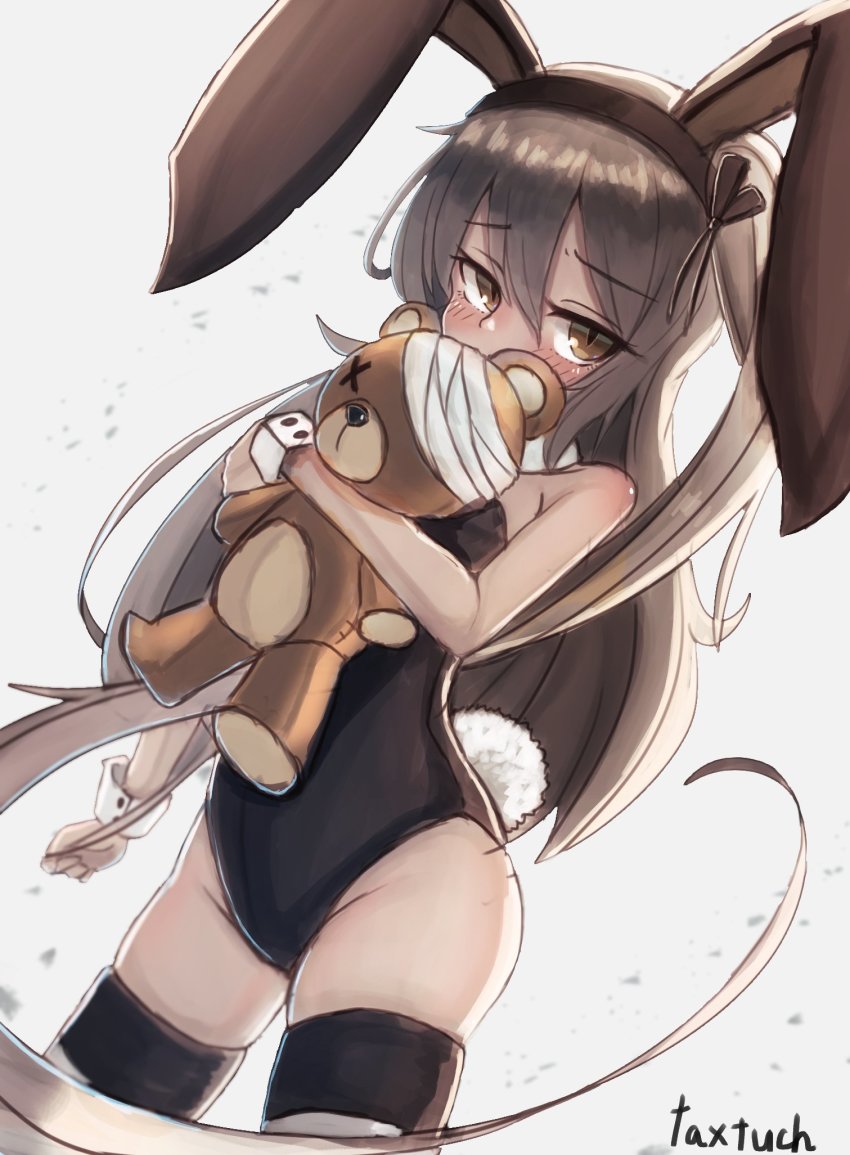 1girl, alternate_hair_length, alternate_hairstyle, animal_ears, baseball_cap, black_leotard, black_thighhighs, blush