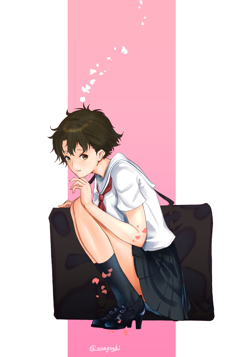 1girl, aona_(anagasaki), bag, black_footwear, black_skirt, black_socks, brown_eyes, brown_hair