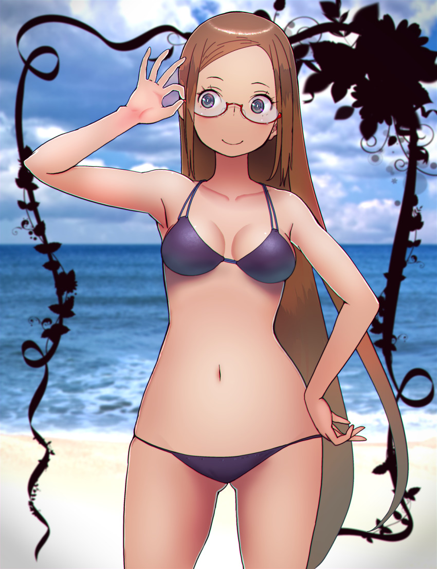1girl, beach, bikini, breasts, brown_hair, female_focus, glasses, hasukawa_isaburou