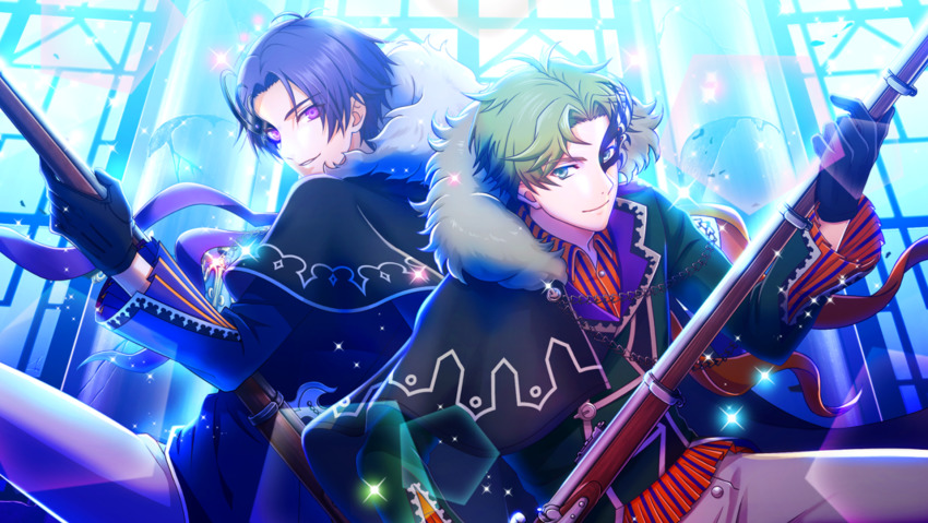 2boys, alternate_costume, antenna_hair, black_gloves, bolt_action, cape, constricted_pupils, enfield_(senjuushi)