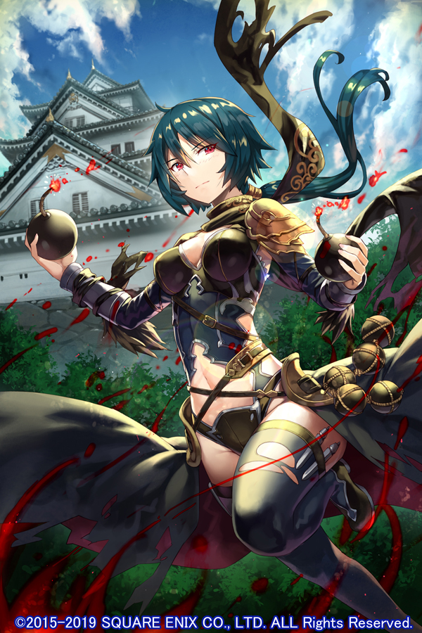 1girl, black_cape, black_panties, blue_hair, blue_legwear, blue_sky, bomb, breasts, cape, cleavage, cloud, crop_top, day, explosive, female_focus, floating_hair, gabiran, hair_between_eyes, holding, holding_bomb, leg_up, long_hair, looking_at_viewer, matsunaga_hisahide_(sengoku_yaraideka), medium_breasts, midriff, navel, outdoors, panties, red_eyes, running, scarf, sengoku_yaraideka, sky, smile, solo, stomach, thighs, torn_clothes, torn_legwear, underwear, waist_cape