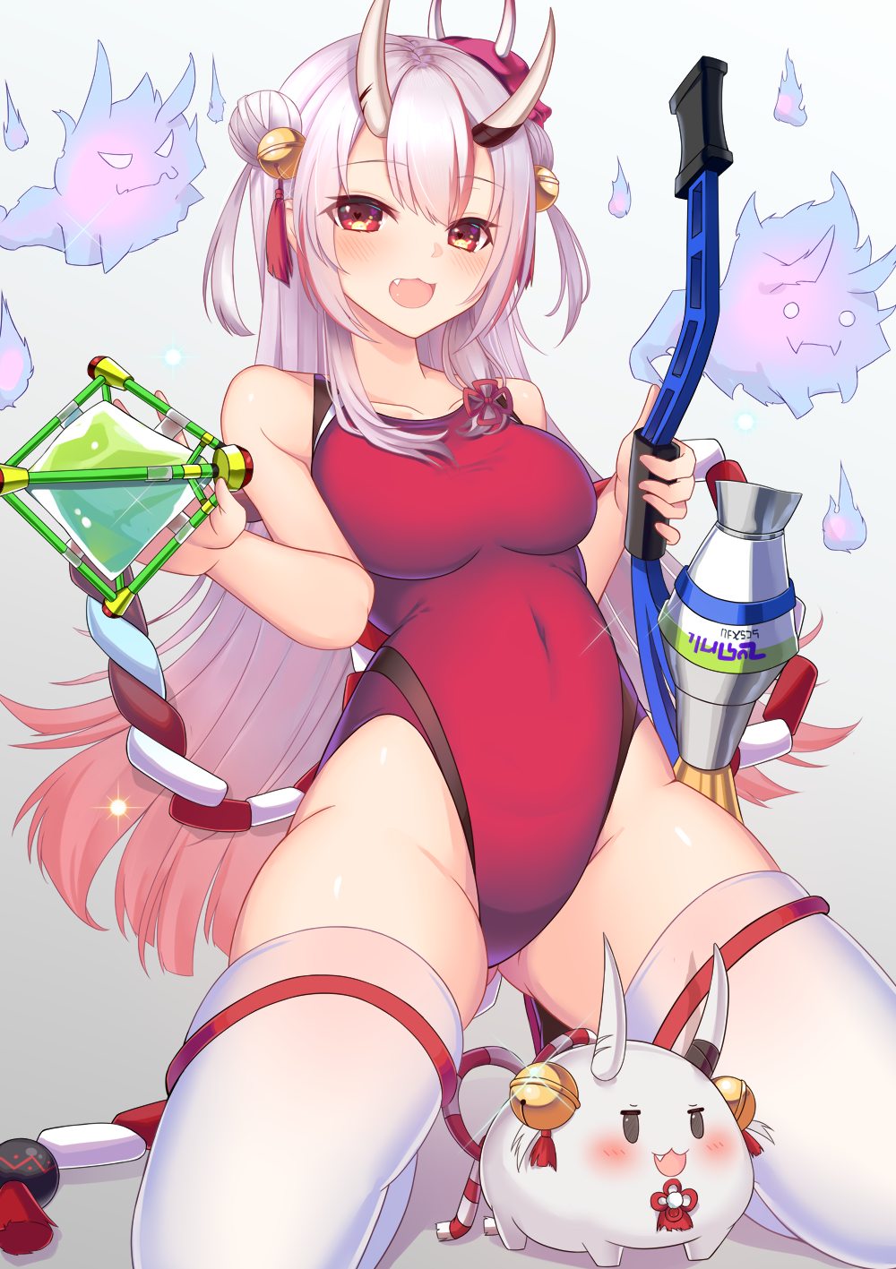 1girl, :3, :d, bell, blush, breasts, collarbone, commentary_request, competition_swimsuit, covered_navel, double_bun, fang, female_focus, gradient_background, grey_background, groin, hair_bell, hair_between_eyes, hair_bun, hair_ornament, highleg, highleg_one-piece_swimsuit, highres, holding, hololive, horns, jingle_bell, kneeling, long_hair, mask, mask_on_head, medium_breasts, multicolored_hair, nakiri_ayame, one-piece_swimsuit, oni, oni_mask, open_mouth, poyoyo_(ayame_channel), red_eyes, red_hair, red_one-piece_swimsuit, side_bun, silver_hair, skin-covered_horns, smile, solo, streaked_hair, swimsuit, thighhighs, very_long_hair, virtual_youtuber, white_thighhighs, yoshiheihe