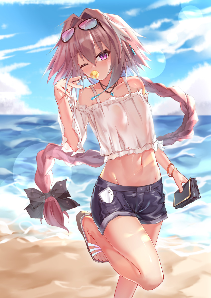 1boy, absurdres, astolfo_(fate), bag, bare_legs, bare_shoulders, beach, black_bow