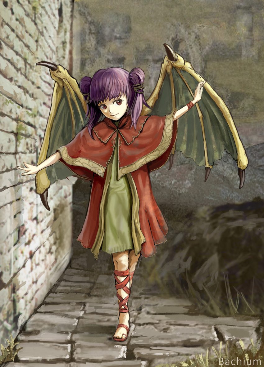 1girl, bachium, brick_wall, dragon_girl, dragon_wings, dress, fire_emblem, fire_emblem:_the_sacred_stones