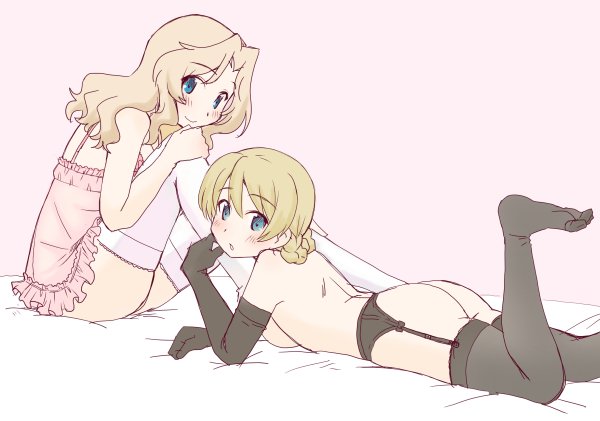 2girls, :o, ass, babydoll, back, bed_sheet, black_gloves, black_legwear