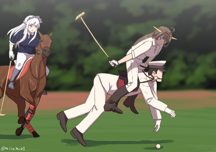 1boy, 2girls, admiral_(kancolle), ahoge, alternate_costume, animal, azur_lane, ball